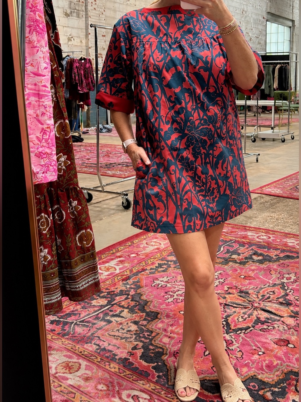 Dries Van Noten Coral & Teal Print Cotton Shift Dress EU 38 US 8